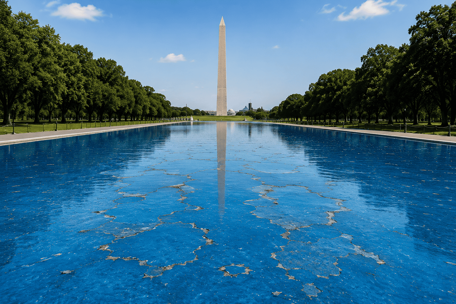 Lincoln Memorial Reflecting Pool with blue coating and peeling paint